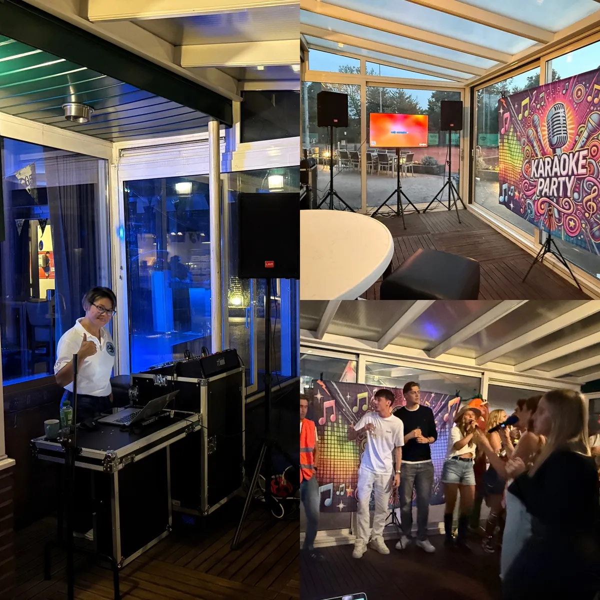Gasten zingen samen tijdens een KaraO-Ke avond van O-Ke Entertainment met karaoke-scherm en host